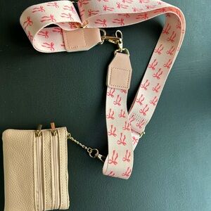 Pink Ribbon Pattern Adjustable Canvas Bag Strap with Pale Peach Leather Tabs